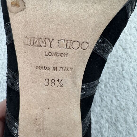 Jimmy Choo Heel Womens 8.5 Black Leather Lace up Peep Toe Snake Skin Gladiator - Picture 9 of 10